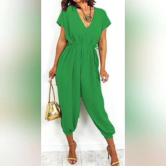 Estee Brown "Jade" Short Sleeve Belted Relaxed V-Neck Jumpsuit Size Medium - Picture 3 of 9